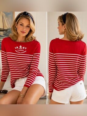 Vintage 90’s Ralph Lauren Knit Sweater Red Striped Nautical Anchor Petite Small
